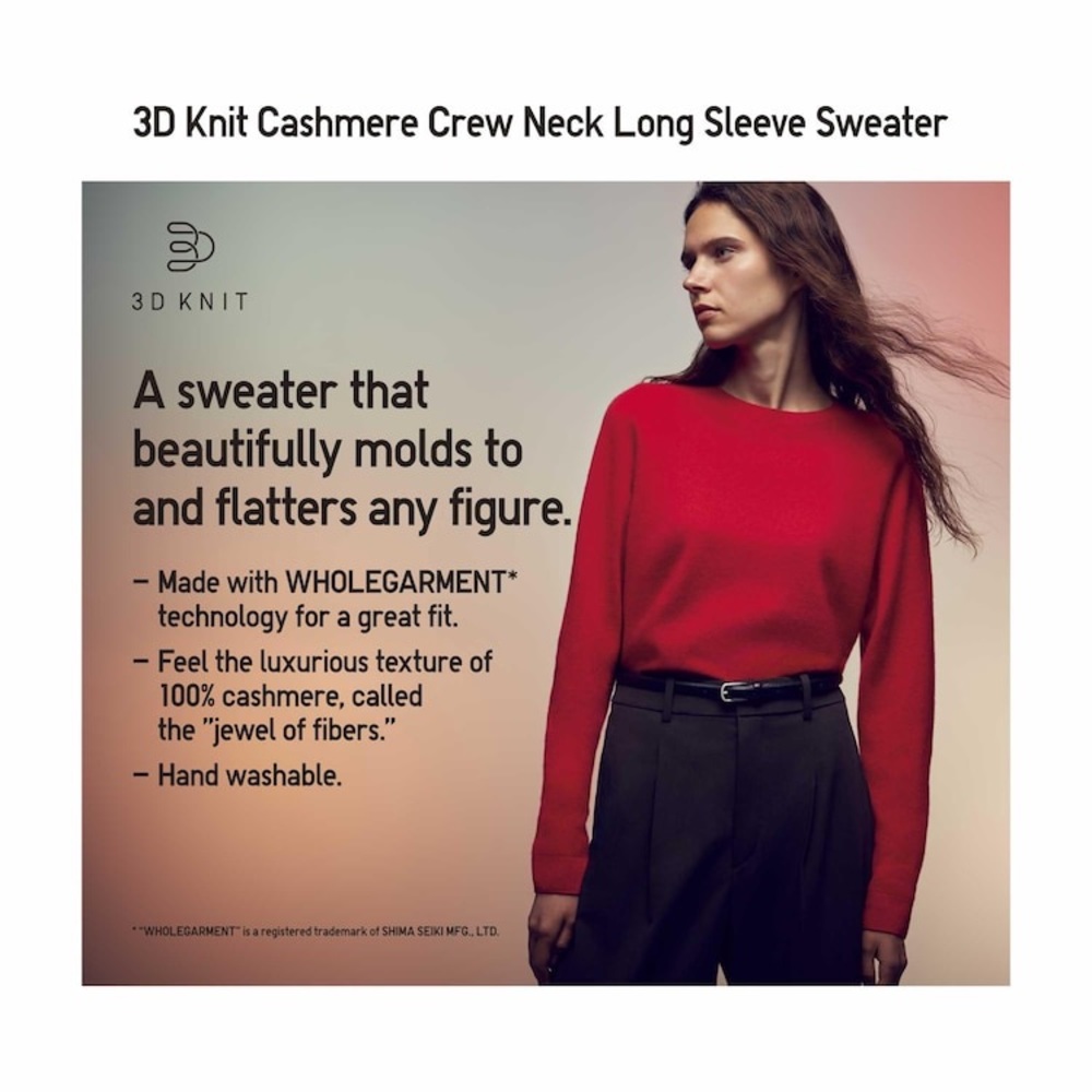 3D Knit Cashmere Crew Neck Long-Sleeve Sweater